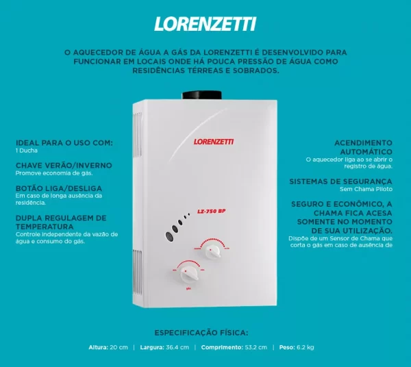 Aquecedor de Água à Gás - Lorenzetti LZ750 BP GN Vazão 7,5 l/min - Image 8